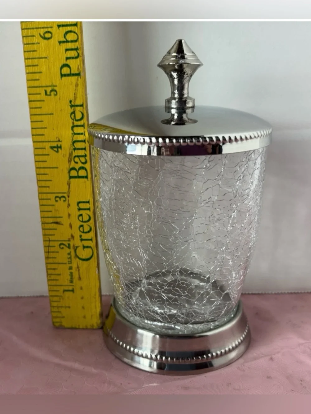 Crackle Glass Vanity Jar with Silver Lid and Base Hand crafted in India